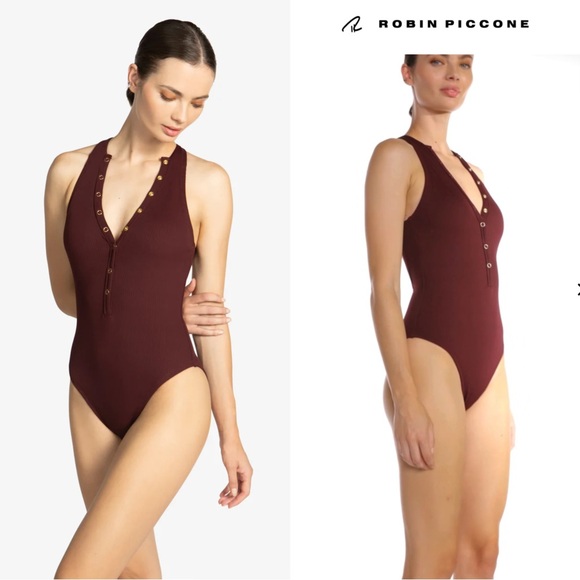 Robin Piccone Amy ribbed high neck snap button one piece swimsuit size 14 - Picture 2 of 11
